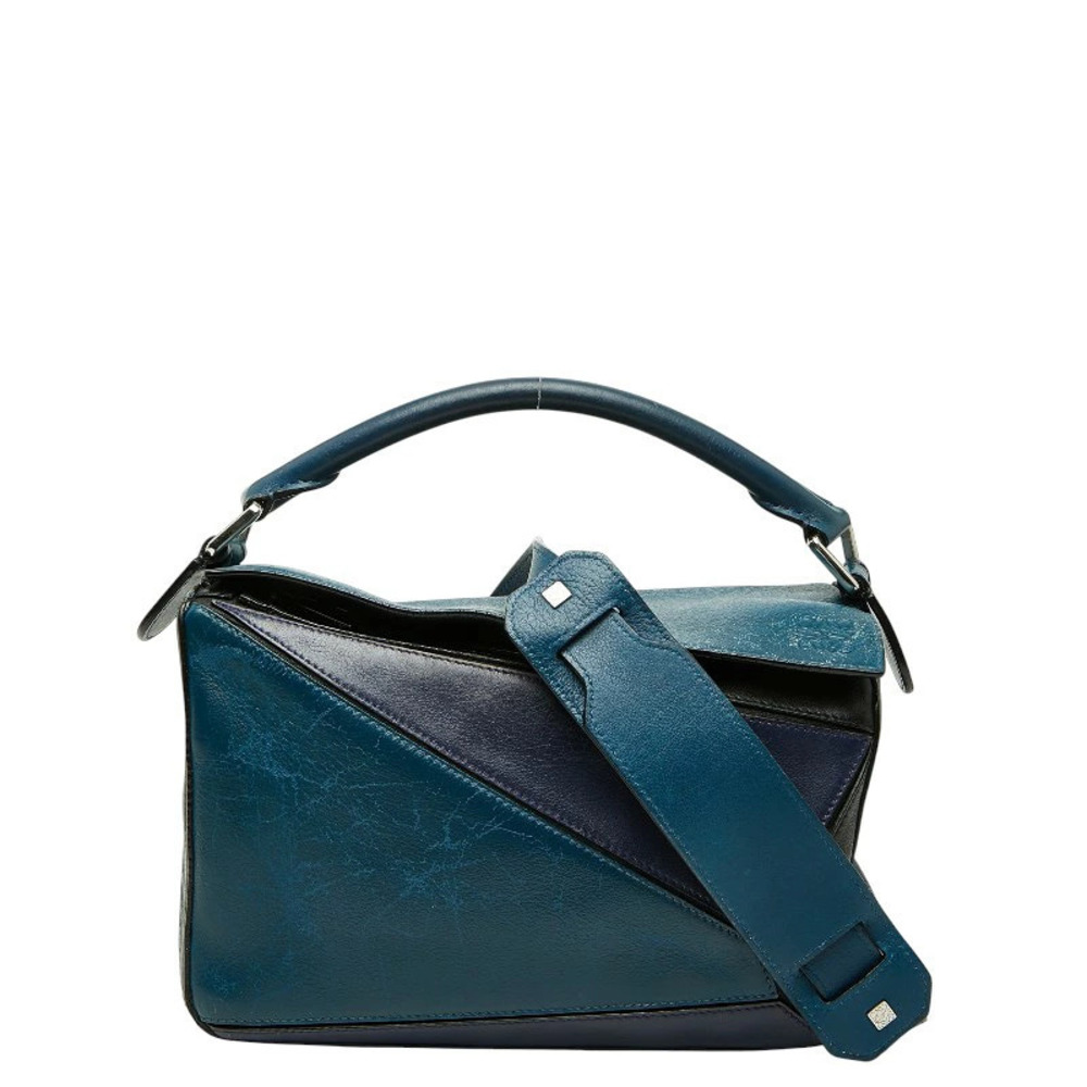 Loewe Anagram Puzzle 2way Shoulder Bag Navy Blue Purple Bicolor Leather